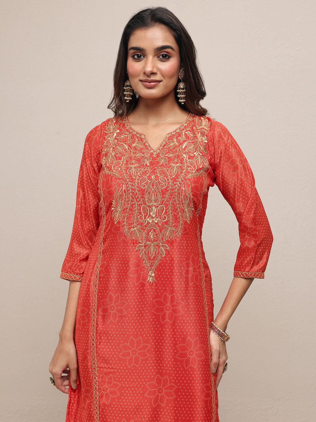 Orange Printed Silk Blend Straight Suit Set With Dupatta