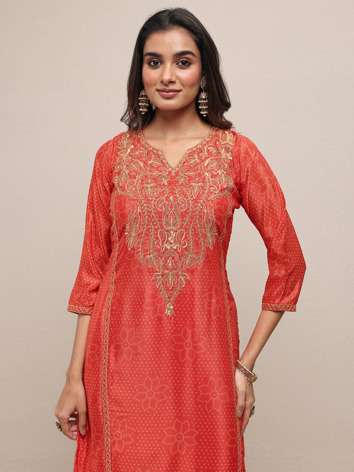 Orange Printed Silk Blend Straight Suit Set With Dupatta