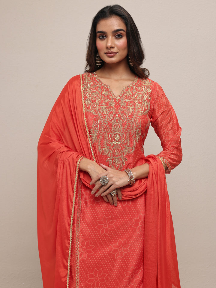 Orange Printed Silk Blend Straight Suit Set With Dupatta