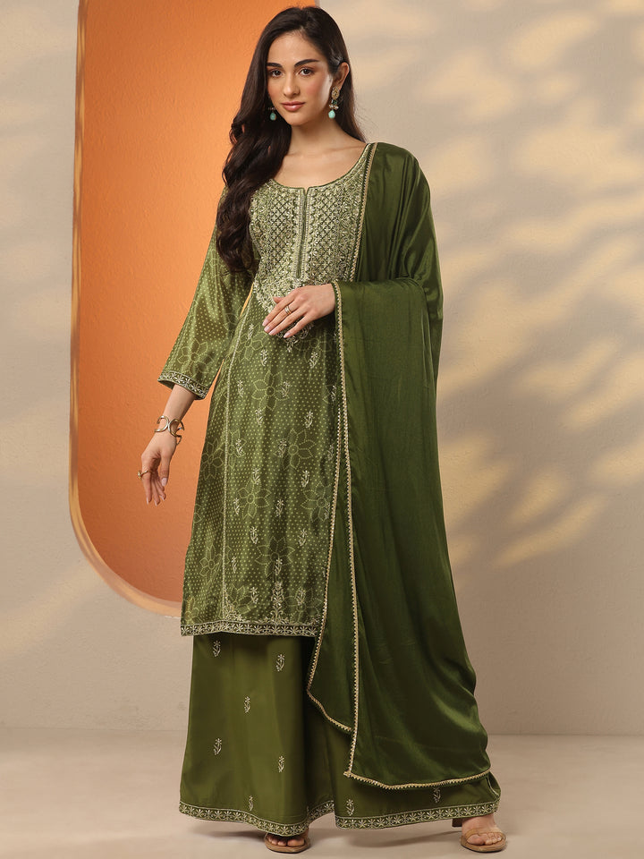 Olive Embroidered Silk Blend Straight Suit Set With Dupatta