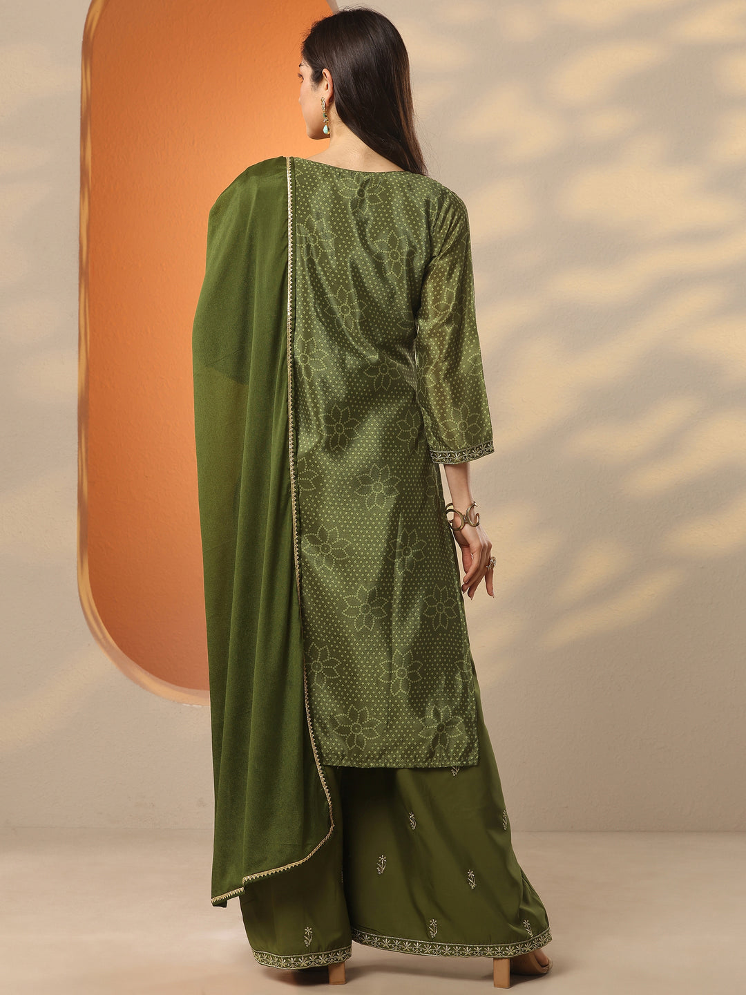 Olive Embroidered Silk Blend Straight Suit Set With Dupatta