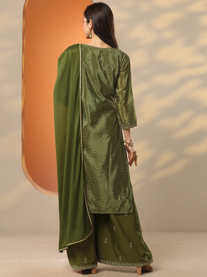 Olive Embroidered Silk Blend Straight Suit Set With Dupatta