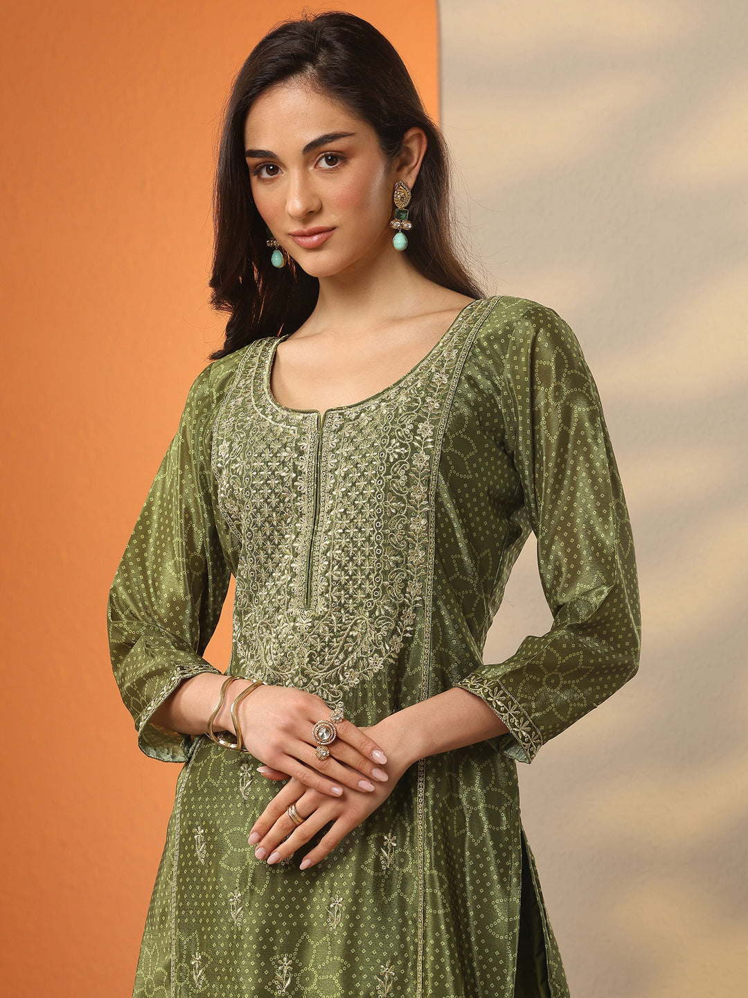 Olive Embroidered Silk Blend Straight Suit Set With Dupatta