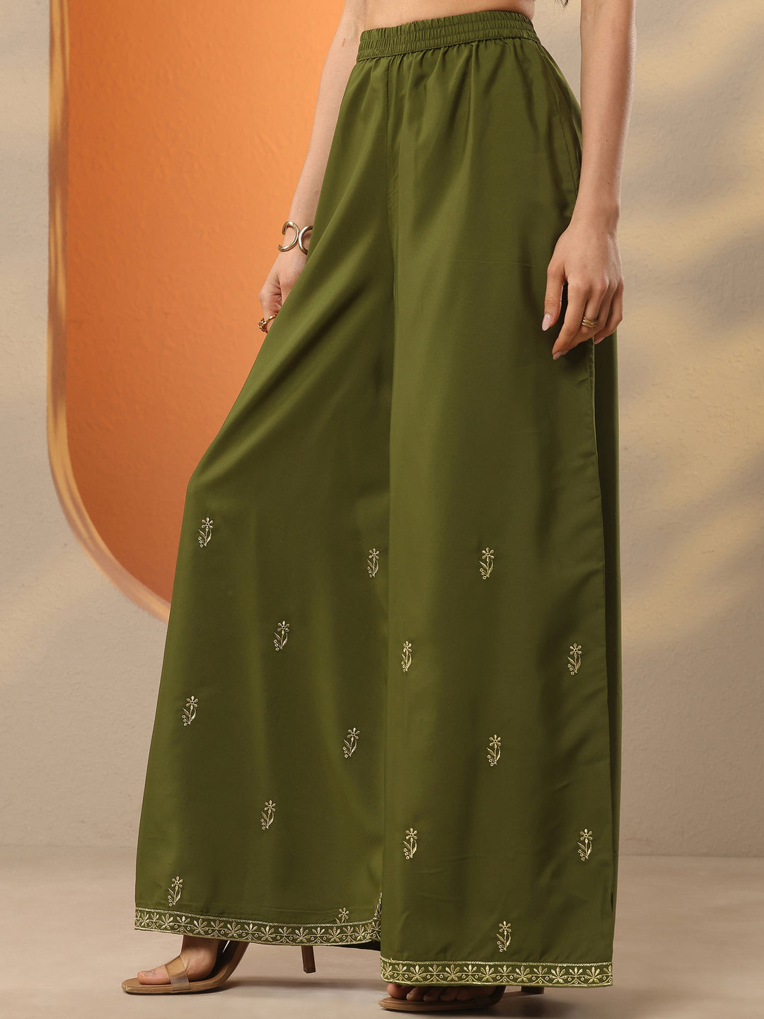 Olive Embroidered Silk Blend Straight Suit Set With Dupatta