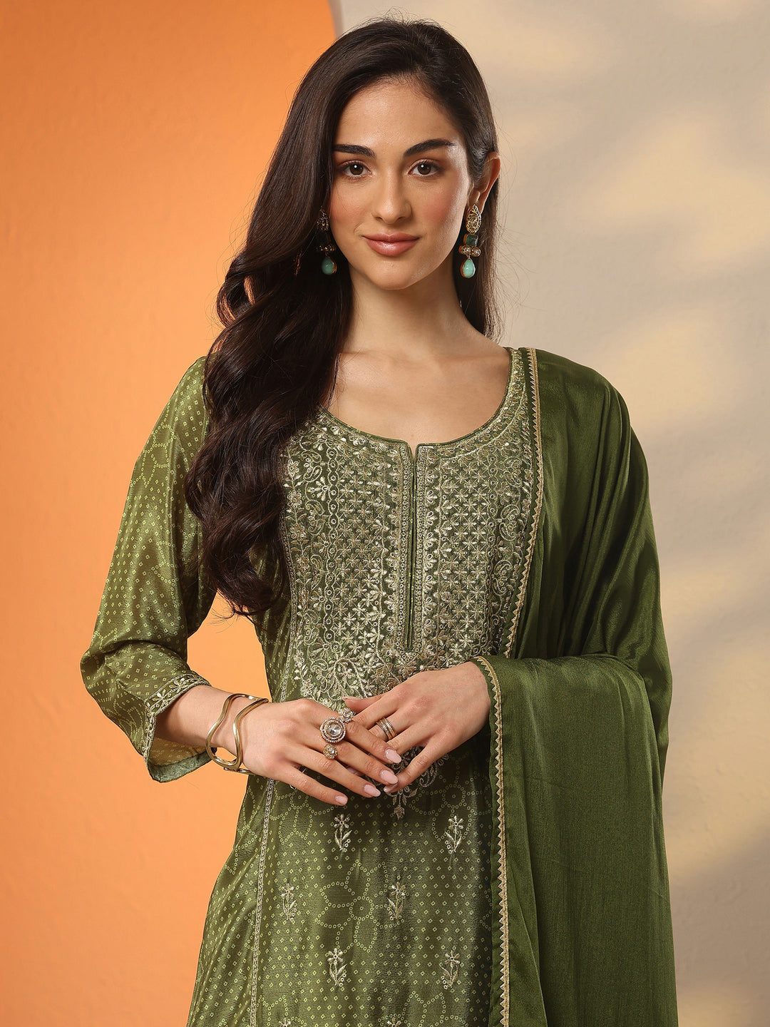 Olive Embroidered Silk Blend Straight Suit Set With Dupatta