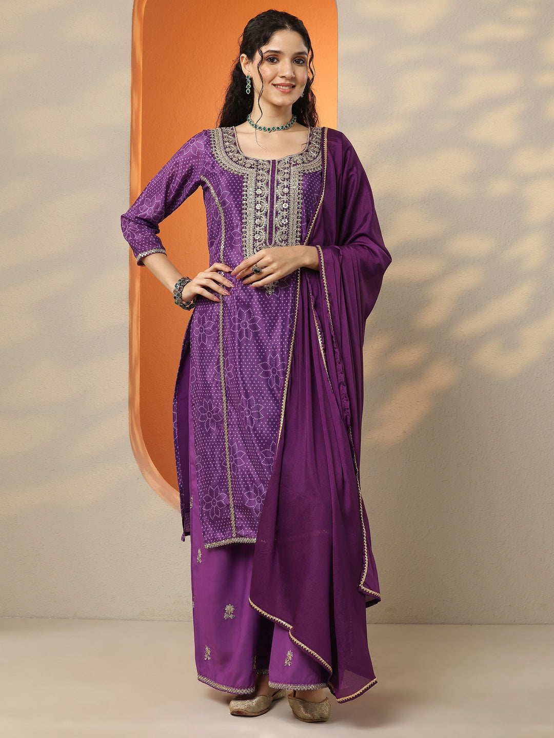 Purple Bandhani Printed Silk Blend Straight Suit Set With Dupatta