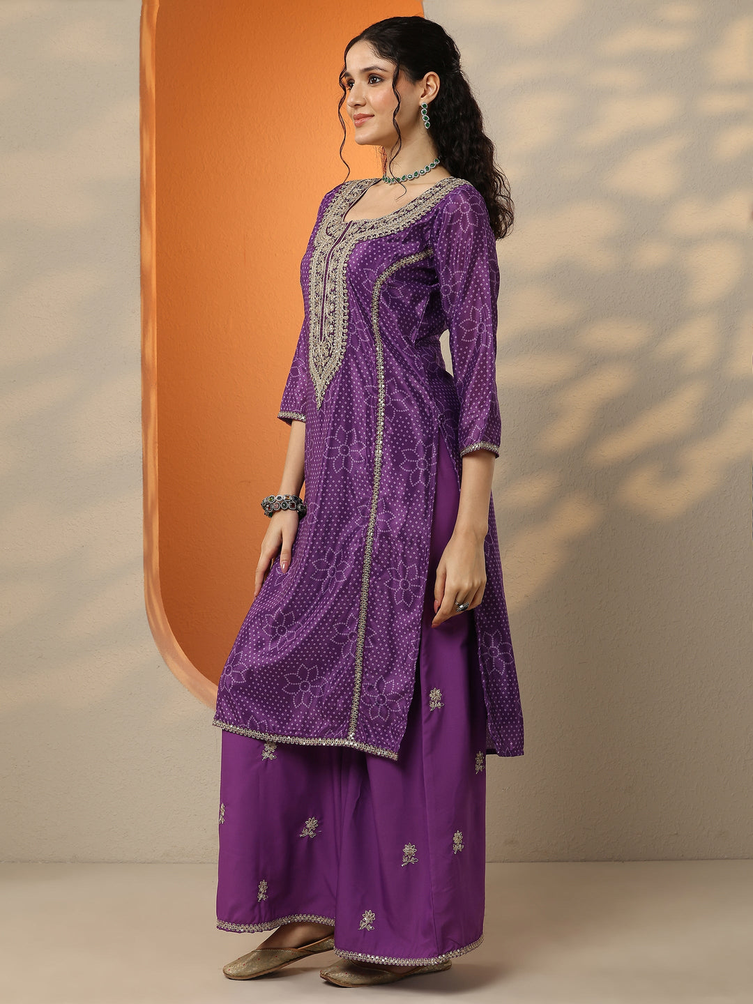Purple Bandhani Printed Silk Blend Straight Suit Set With Dupatta
