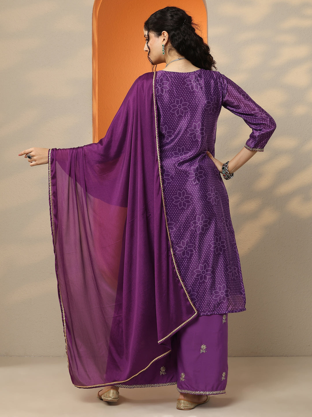 Purple Bandhani Printed Silk Blend Straight Suit Set With Dupatta