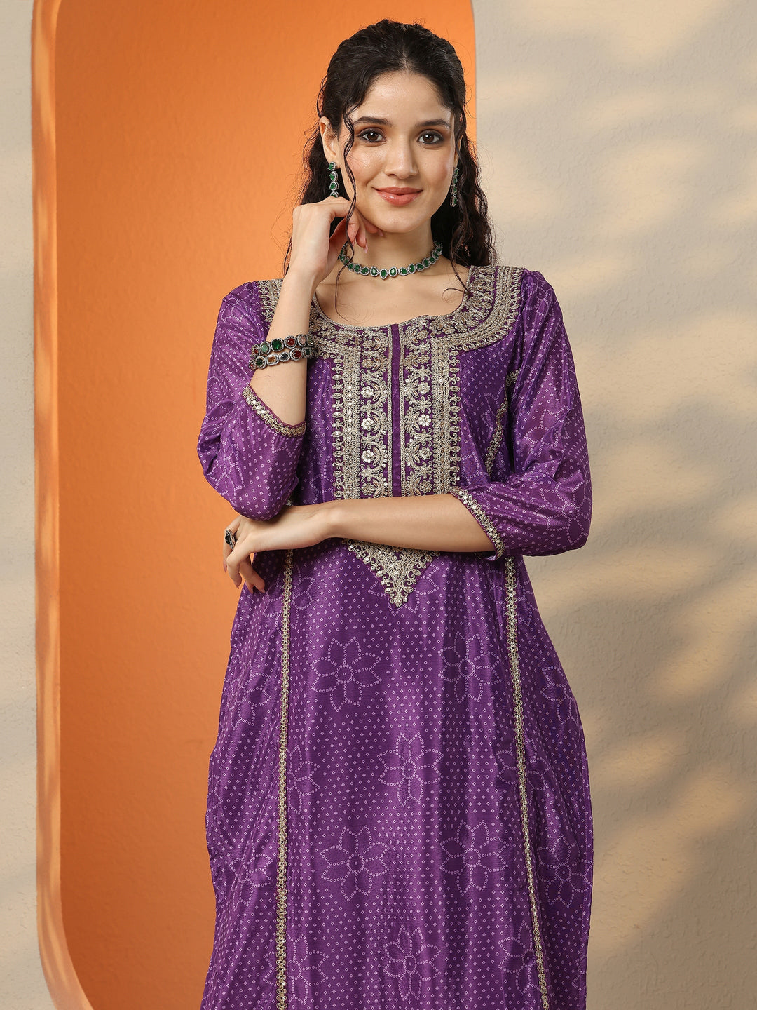Purple Bandhani Printed Silk Blend Straight Suit Set With Dupatta