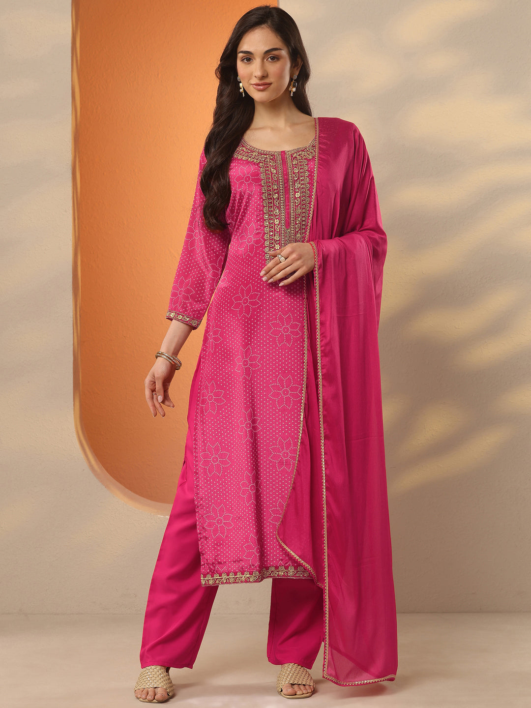 Pink Printed Silk Blend Straight Suit Set With Dupatta