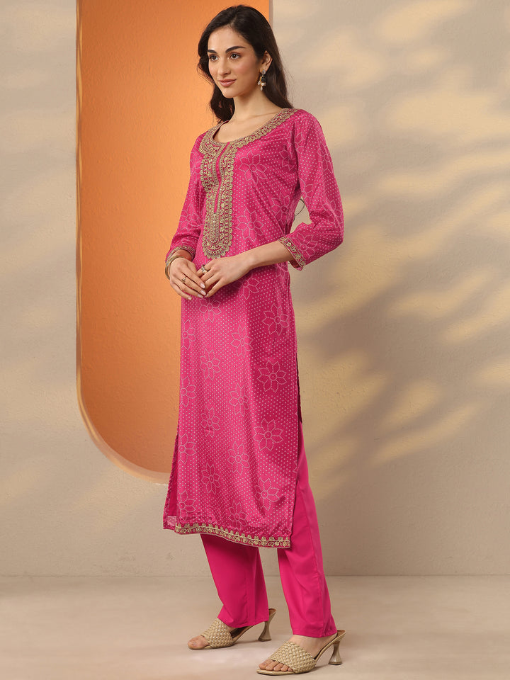 Pink Printed Silk Blend Straight Suit Set With Dupatta