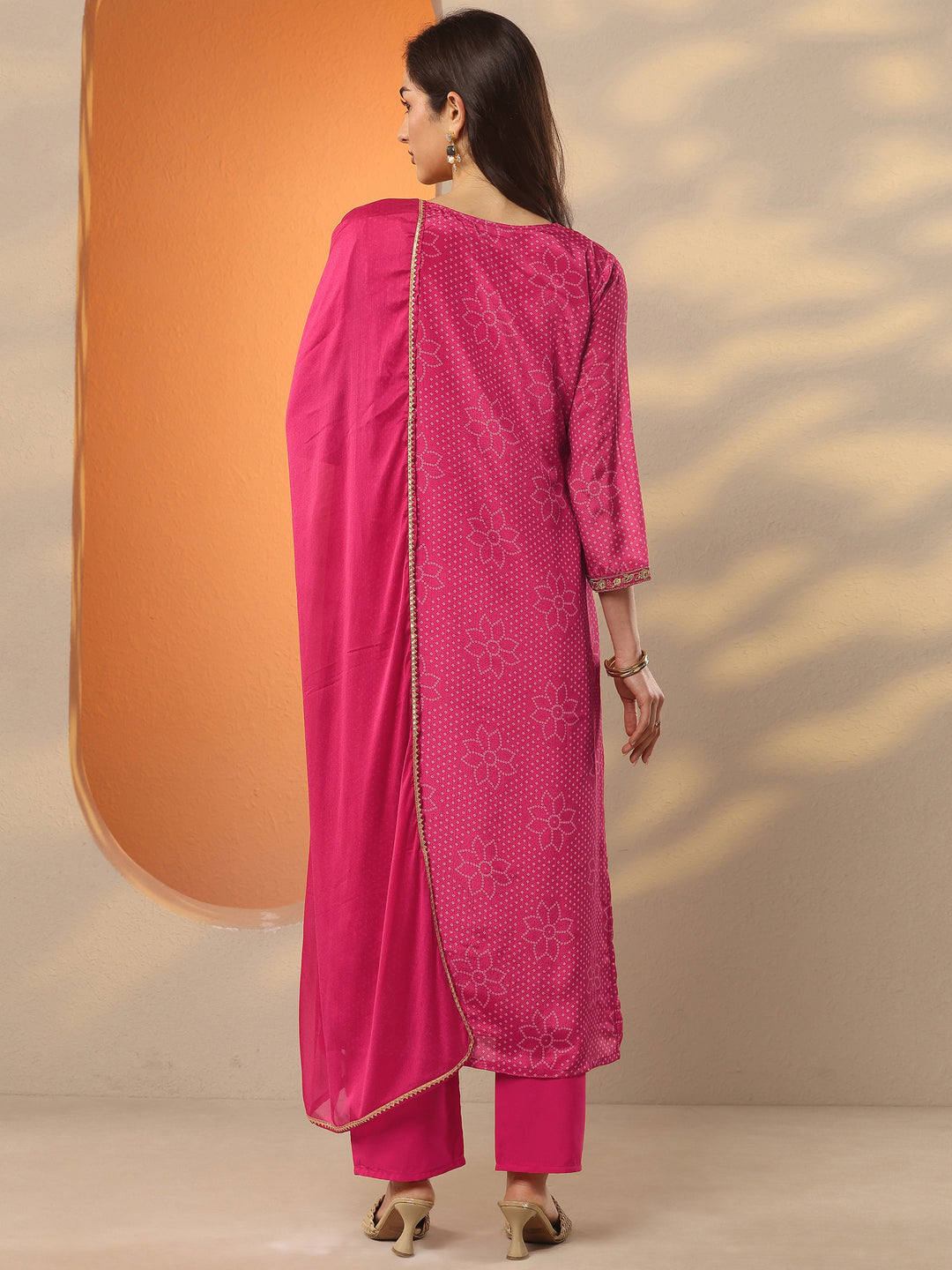 Pink Printed Silk Blend Straight Suit Set With Dupatta