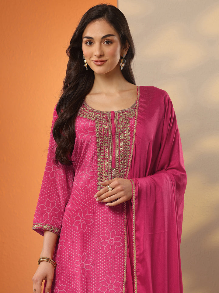 Pink Printed Silk Blend Straight Suit Set With Dupatta