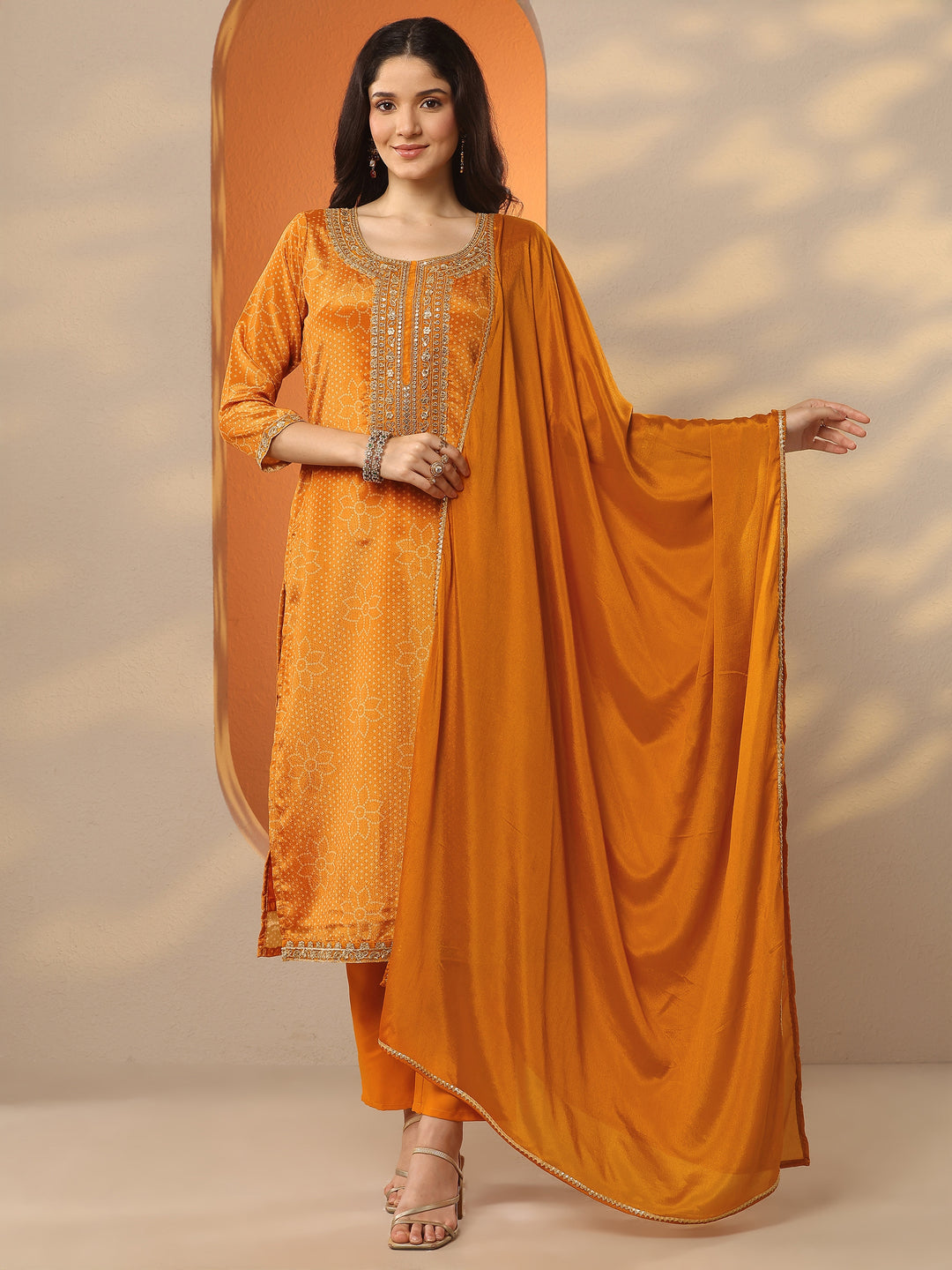 Mustard Printed Silk Blend Straight Suit Set With Dupatta