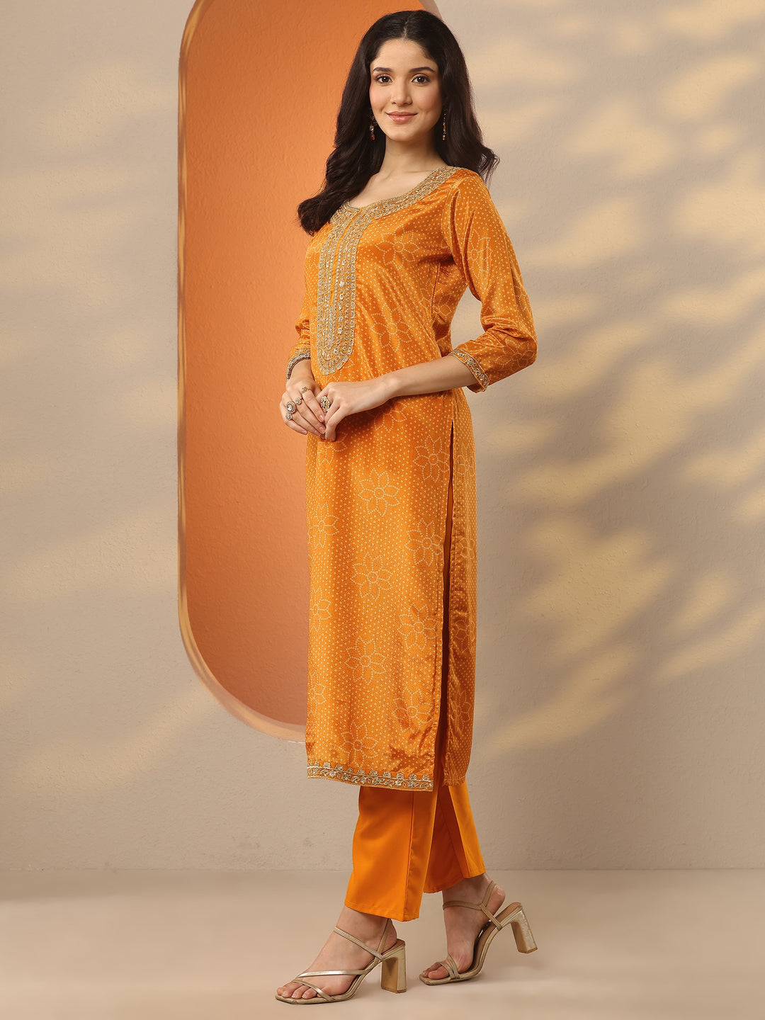 Mustard Printed Silk Blend Straight Suit Set With Dupatta