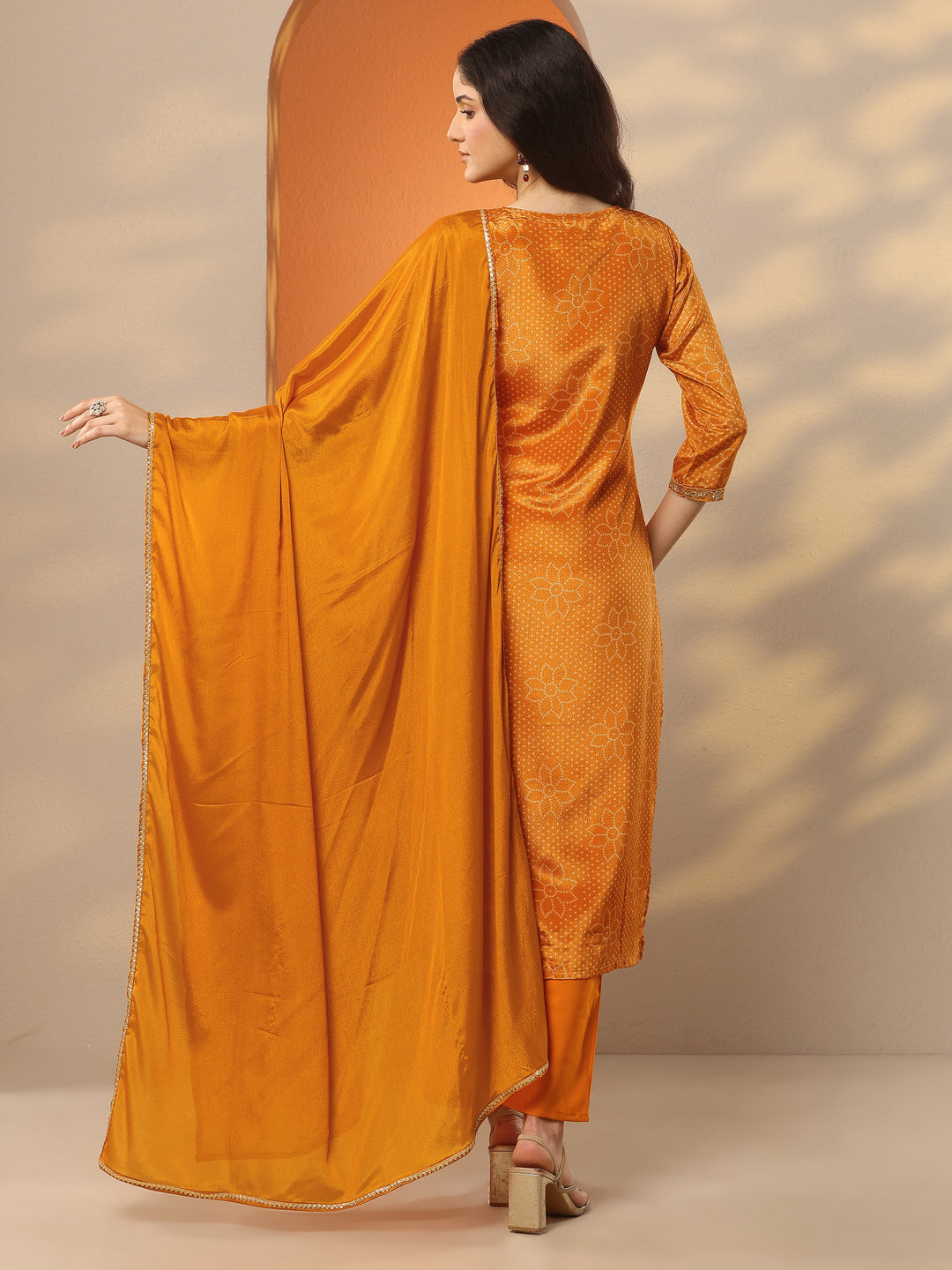Mustard Printed Silk Blend Straight Suit Set With Dupatta