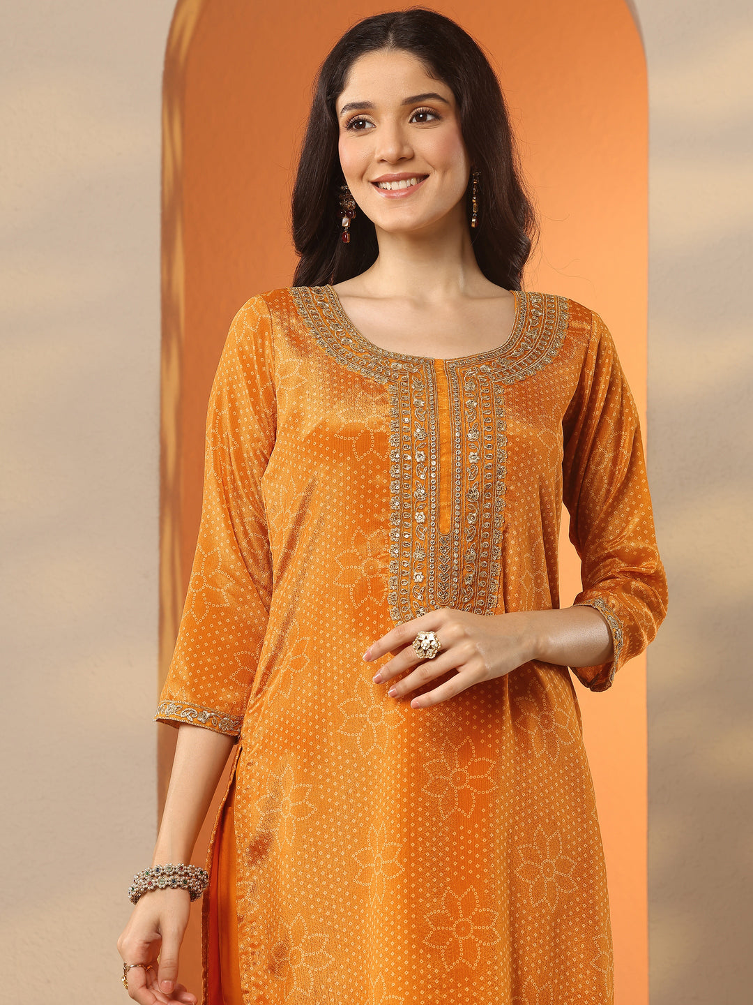 Mustard Printed Silk Blend Straight Suit Set With Dupatta