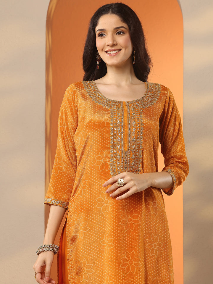 Mustard Printed Silk Blend Straight Suit Set With Dupatta