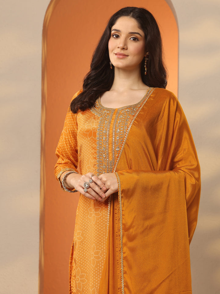 Mustard Printed Silk Blend Straight Suit Set With Dupatta