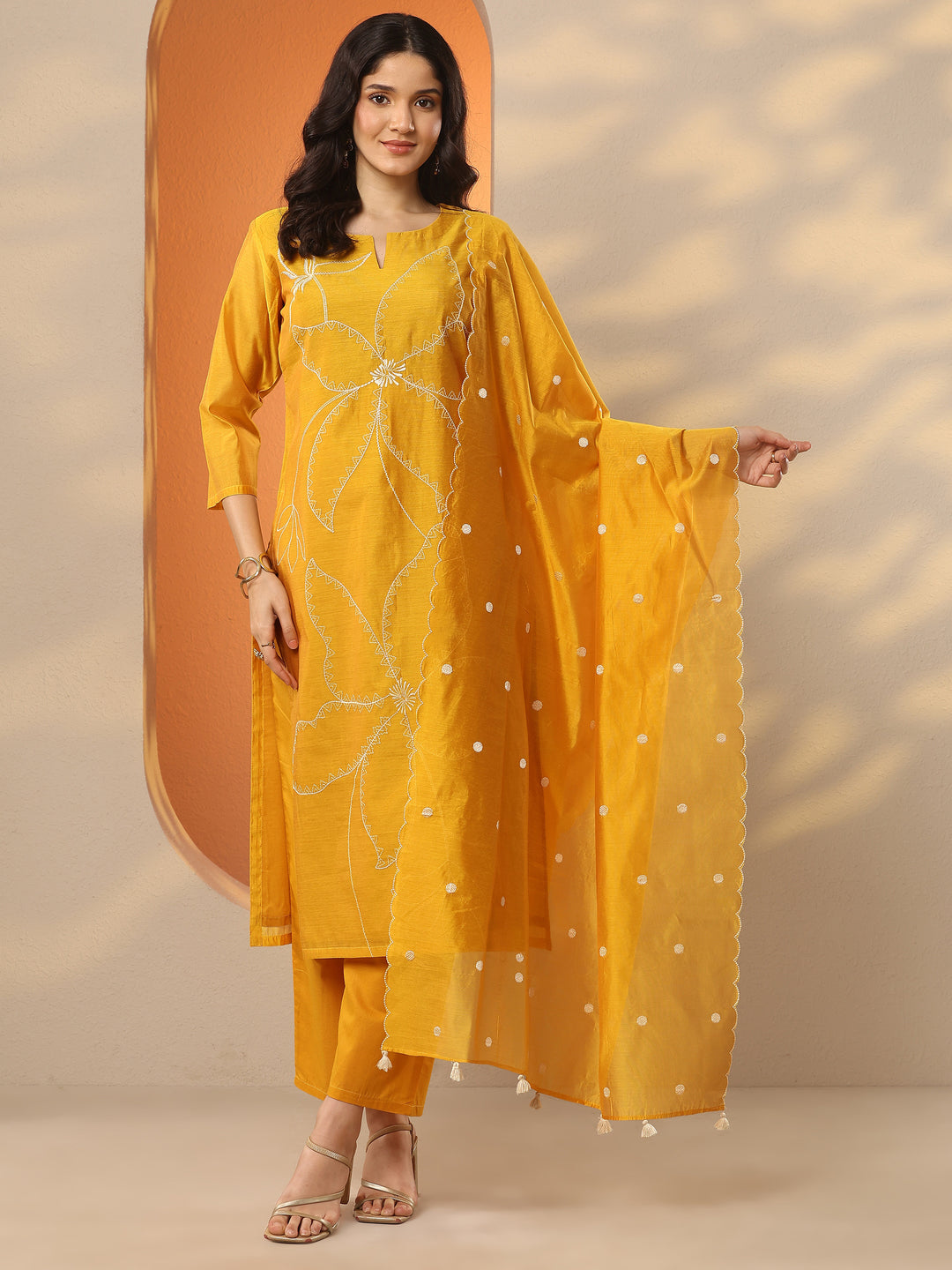Mustard Embroidered Silk Blend Straight Suit Set With Dupatta