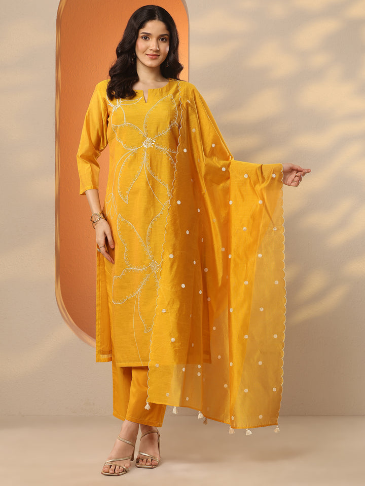 Mustard Embroidered Silk Blend Straight Suit Set With Dupatta