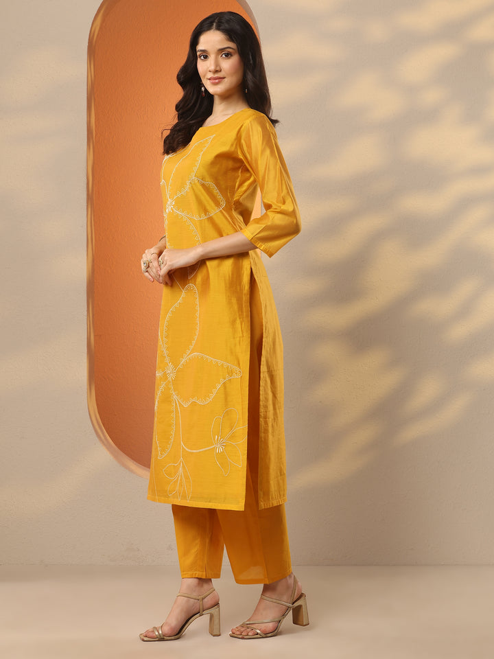 Mustard Embroidered Silk Blend Straight Suit Set With Dupatta