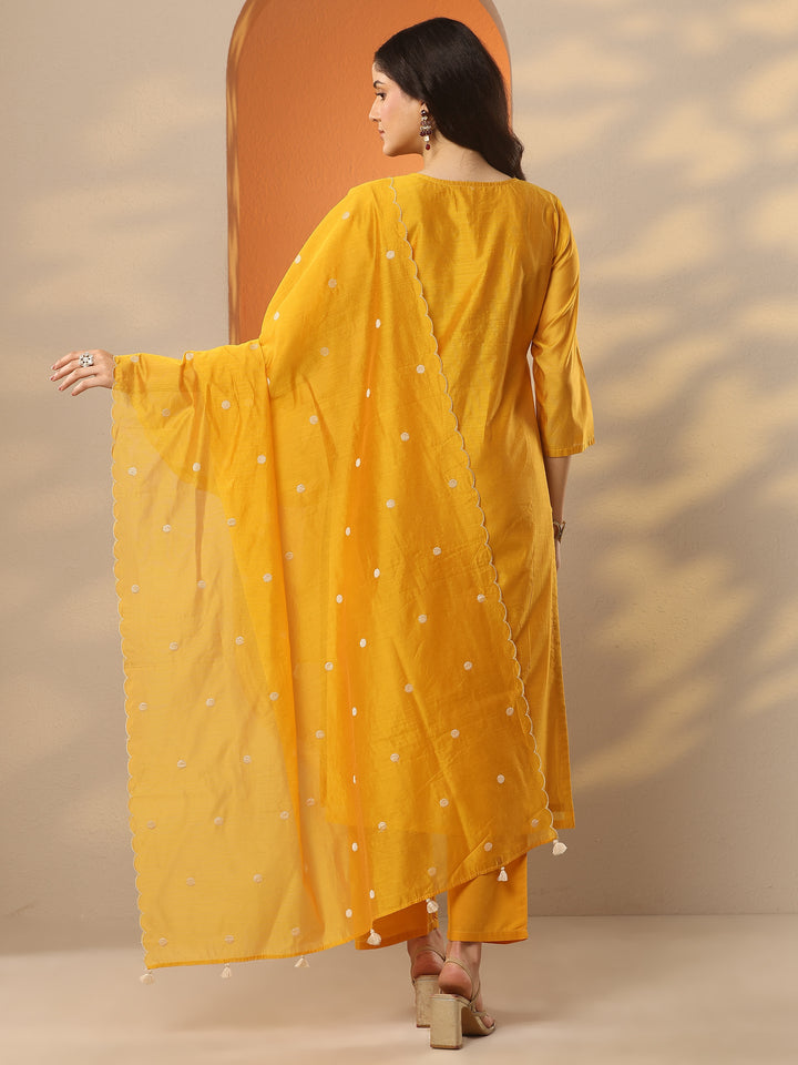 Mustard Embroidered Silk Blend Straight Suit Set With Dupatta