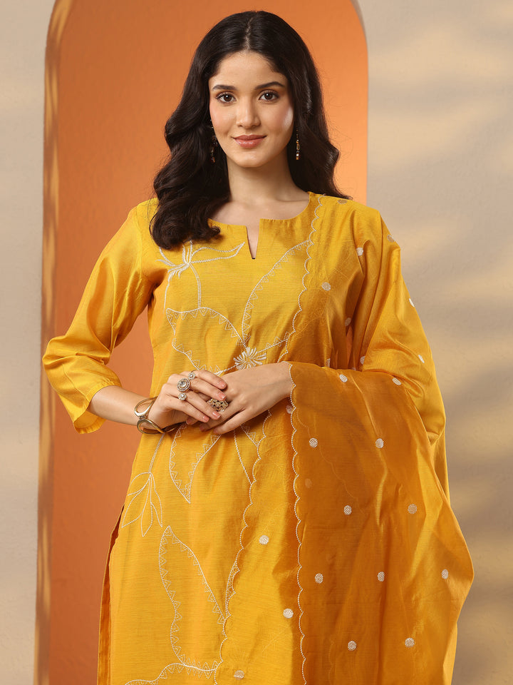Mustard Embroidered Silk Blend Straight Suit Set With Dupatta