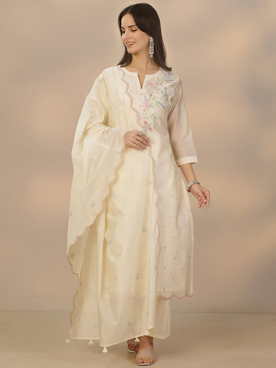 Off White Embroidered Silk Blend Straight Suit Set With Dupatta