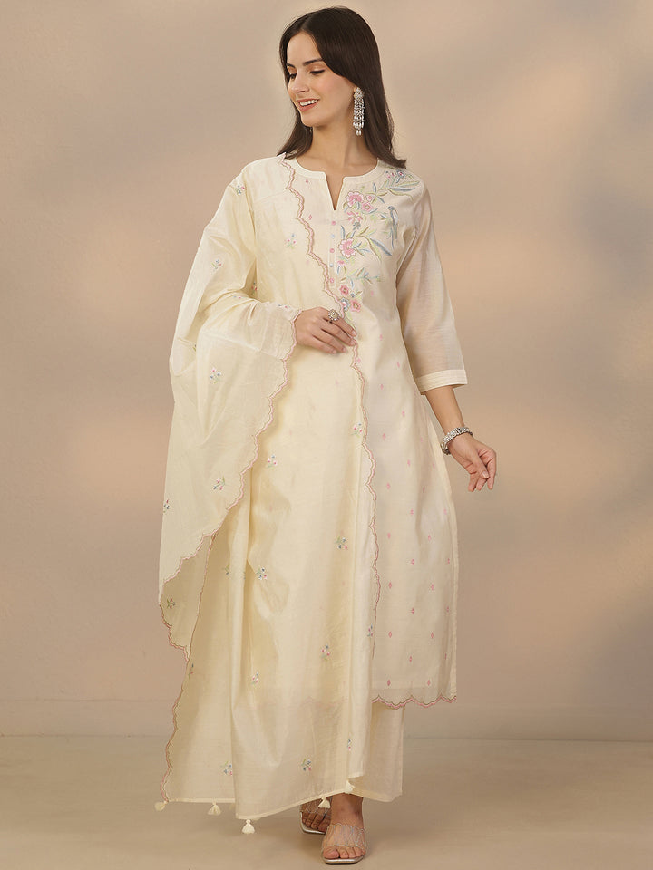 Off White Embroidered Silk Blend Straight Suit Set With Dupatta