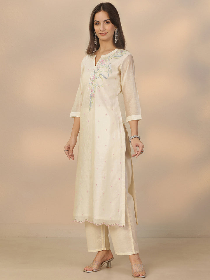 Off White Embroidered Silk Blend Straight Suit Set With Dupatta