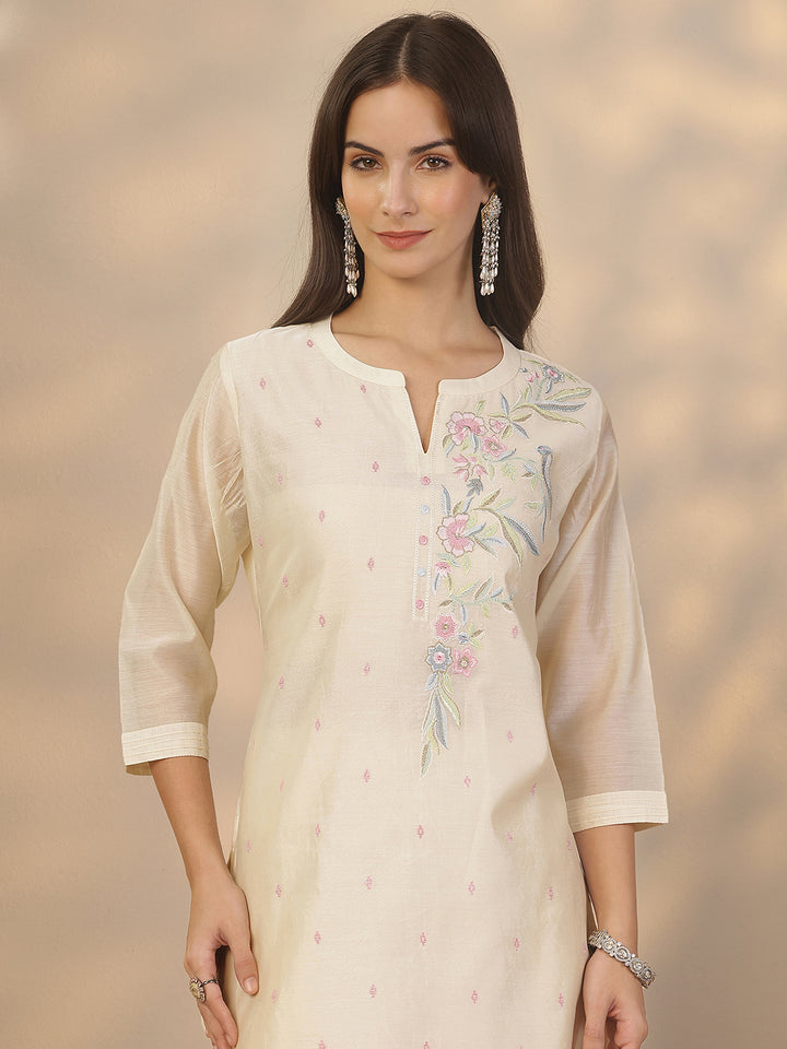 Off White Embroidered Silk Blend Straight Suit Set With Dupatta