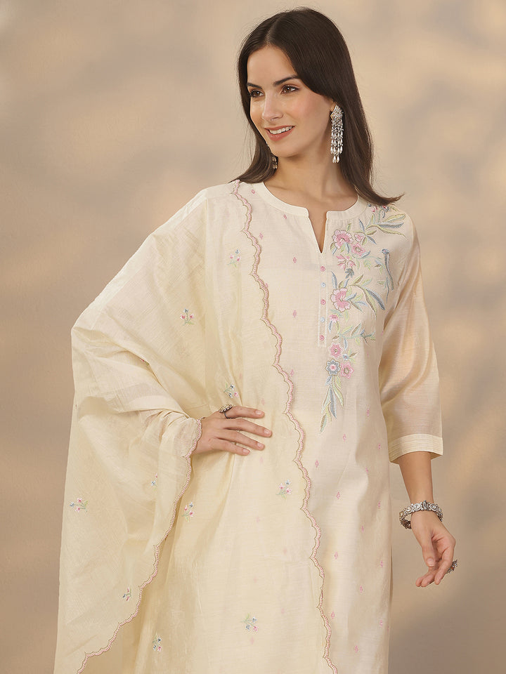 Off White Embroidered Silk Blend Straight Suit Set With Dupatta