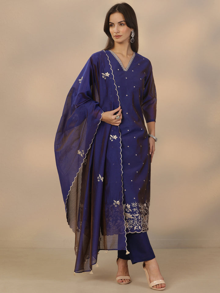 Blue Embroidered Silk Blend Straight Suit Set With Dupatta