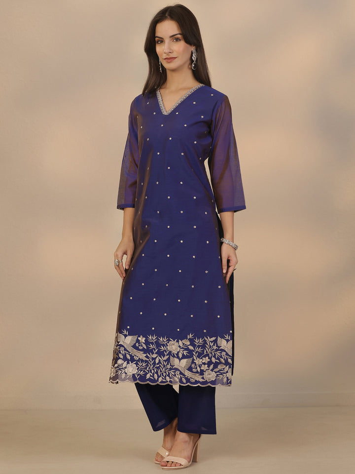 Blue Embroidered Silk Blend Straight Suit Set With Dupatta