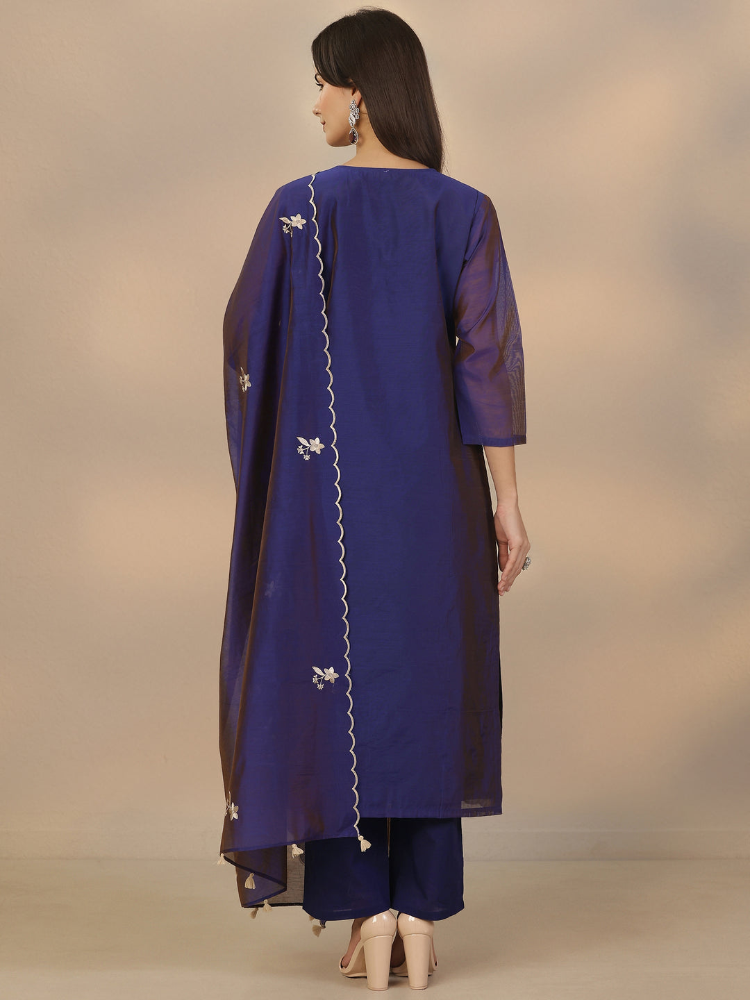Blue Embroidered Silk Blend Straight Suit Set With Dupatta
