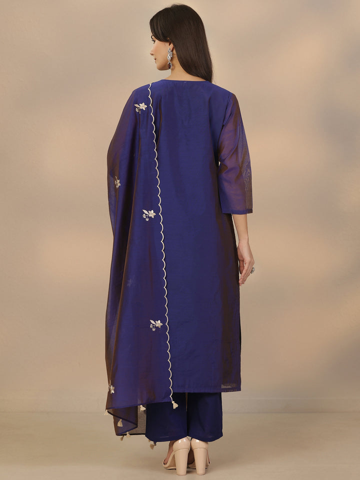 Blue Embroidered Silk Blend Straight Suit Set With Dupatta