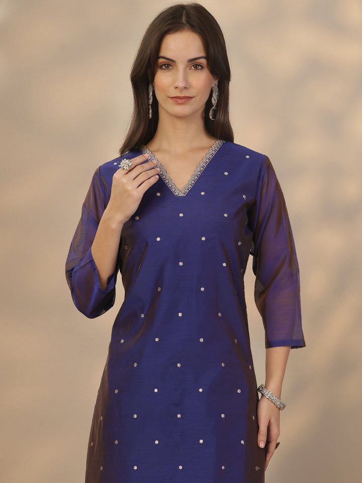 Blue Embroidered Silk Blend Straight Suit Set With Dupatta