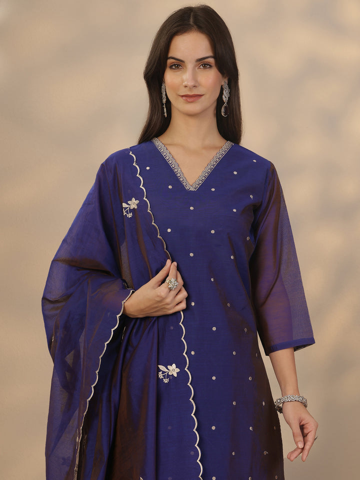Blue Embroidered Silk Blend Straight Suit Set With Dupatta