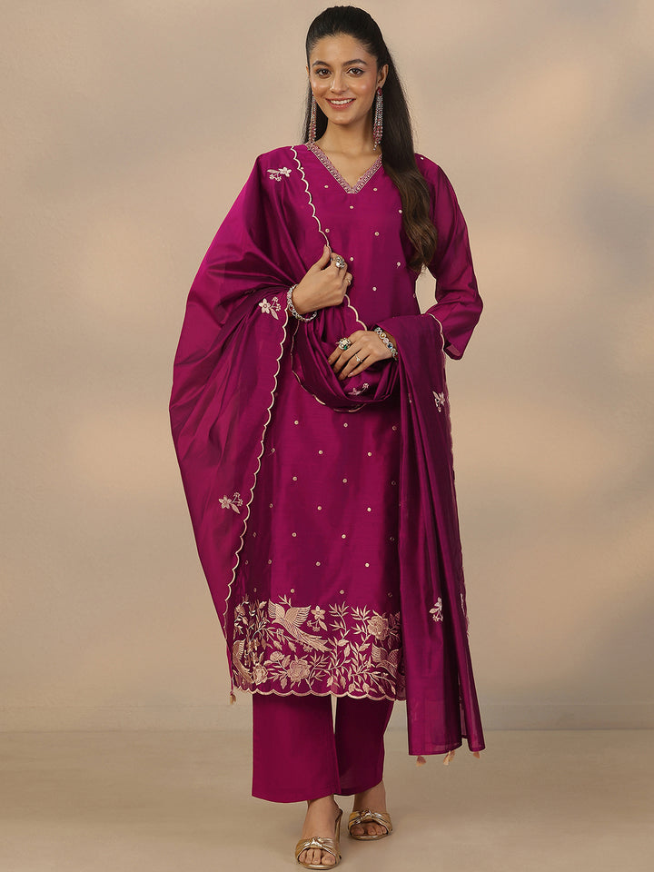 Magenta Embroidered Silk Blend Straight Suit Set With Dupatta