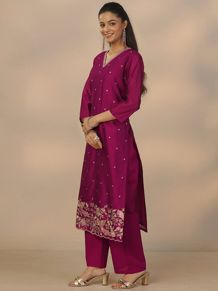 Magenta Embroidered Silk Blend Straight Suit Set With Dupatta