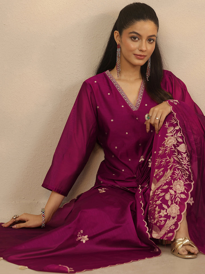 Magenta Embroidered Silk Blend Straight Suit Set With Dupatta