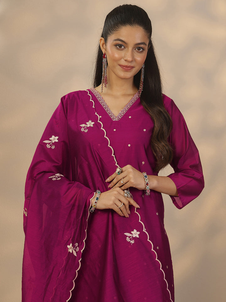 Magenta Embroidered Silk Blend Straight Suit Set With Dupatta