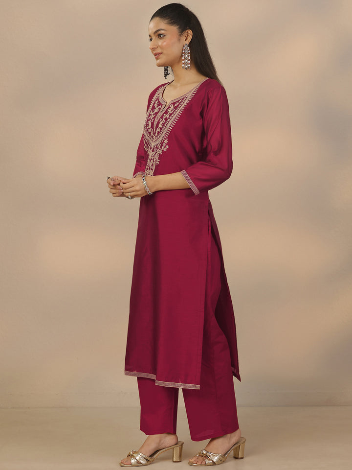 Maroon Embroidered Silk Blend Straight Suit Set With Dupatta