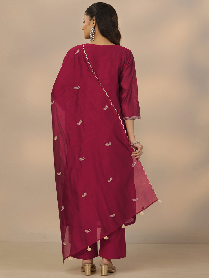 Maroon Embroidered Silk Blend Straight Suit Set With Dupatta