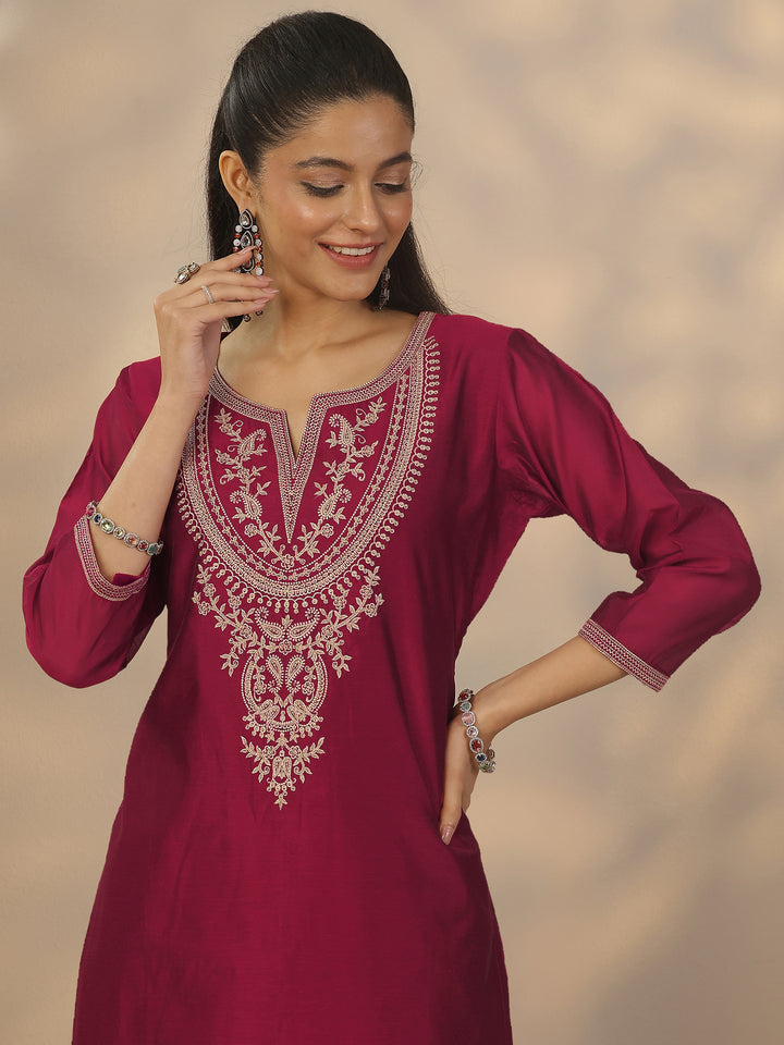 Maroon Embroidered Silk Blend Straight Suit Set With Dupatta