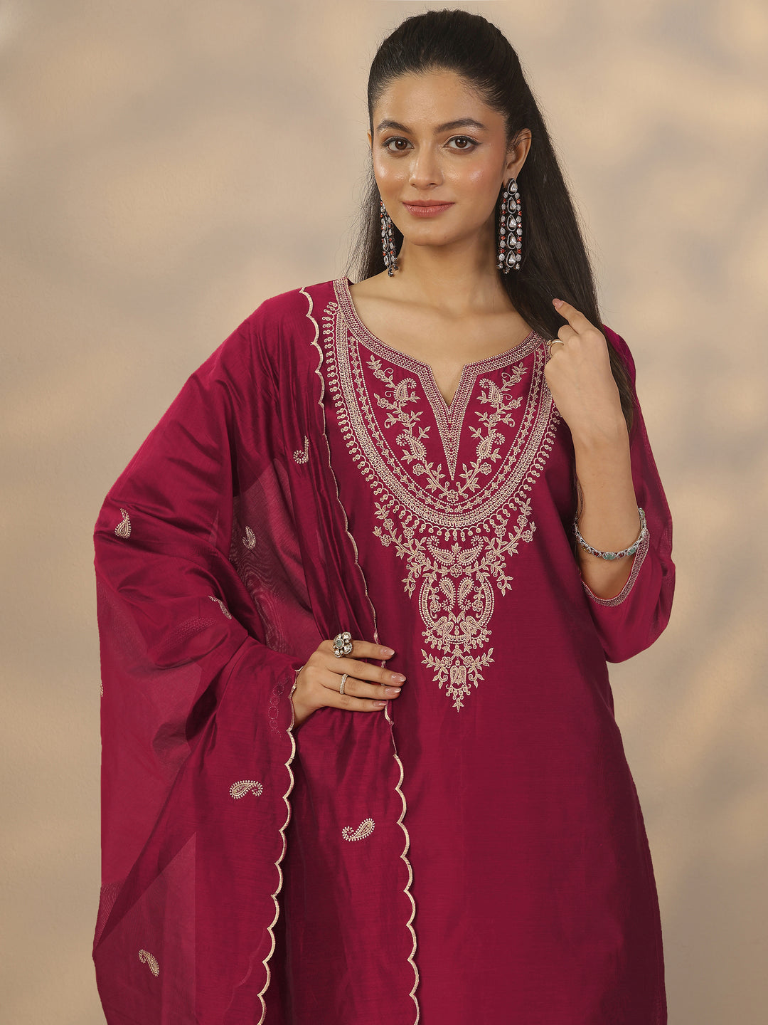 Maroon Embroidered Silk Blend Straight Suit Set With Dupatta