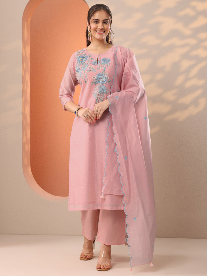 Pink Embroidered Silk Blend Straight Suit Set With Dupatta