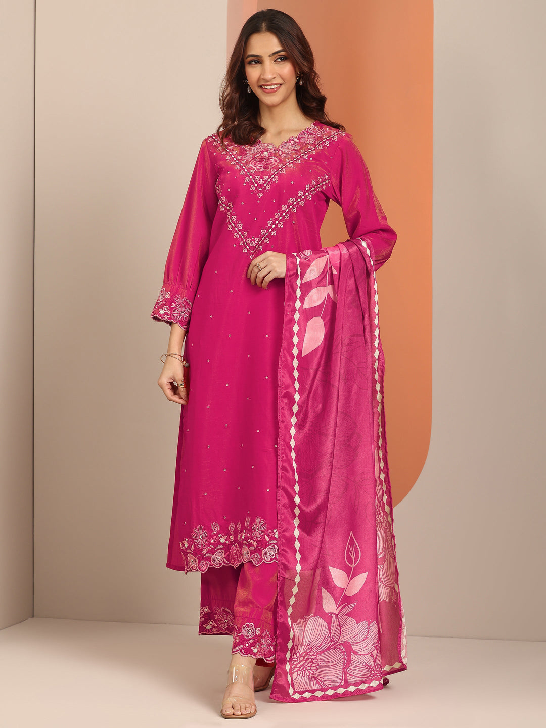 Magenta Embroidered Silk Blend Straight Suit Set With Dupatta
