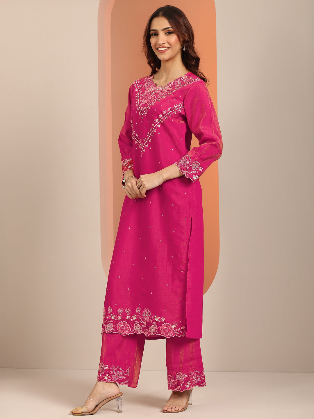 Magenta Embroidered Silk Blend Straight Suit Set With Dupatta